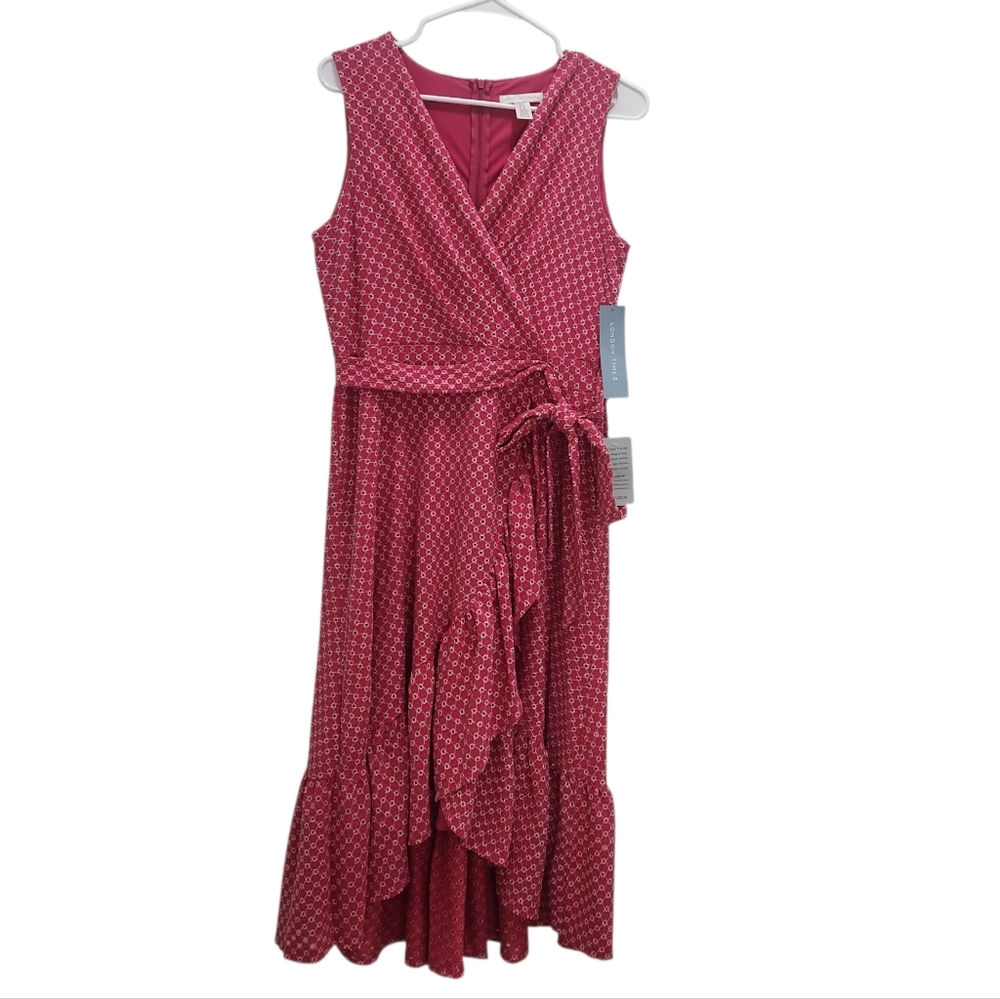 LONDON TIMES Hot Pink Sleeveless Ruffled Wrap Dress Size 8 Easter Spring NEW
